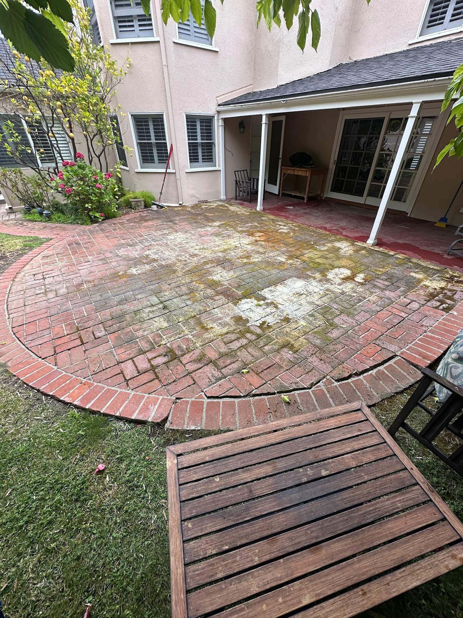 Brick patio before cleaning